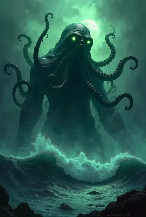 Eldritch horror digital painting. Cthulhu emerging from the depths with glowing green eyes. It's massive tentacled face partially obscured by swirling mist, dark ocean waves crashing around it's colossal form, eerie bioluminescent glow, low-angle cinematic...