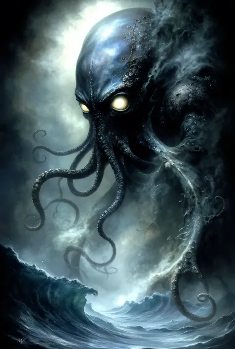 Eldritch horror digital painting. Cthulhu emerging from the depths with glowing green eyes. It's massive tentacled face partially obscured by swirling mist, dark ocean waves crashing around it's colossal form, eerie bioluminescent glow, low-angle cinematic...