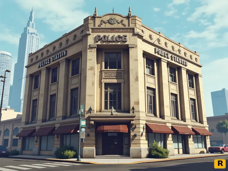 (GTA style drawing), police station, police station building, no people just the place, general view