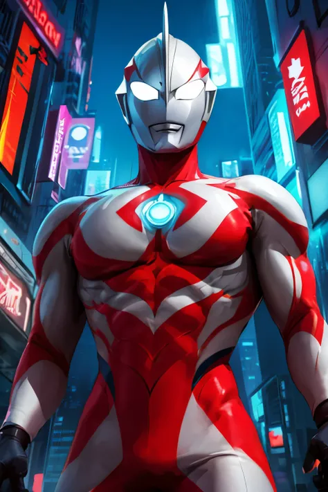 Ultraman, futuristic Ultraman warrior, sleek cybernetic armor design, crystalline core in chest, metallic silver, red and neon blue color scheme, a pattern (red, blue and black) on the suit, dynamic pose, muscular humanoid form (Slim athletic build), glowi...