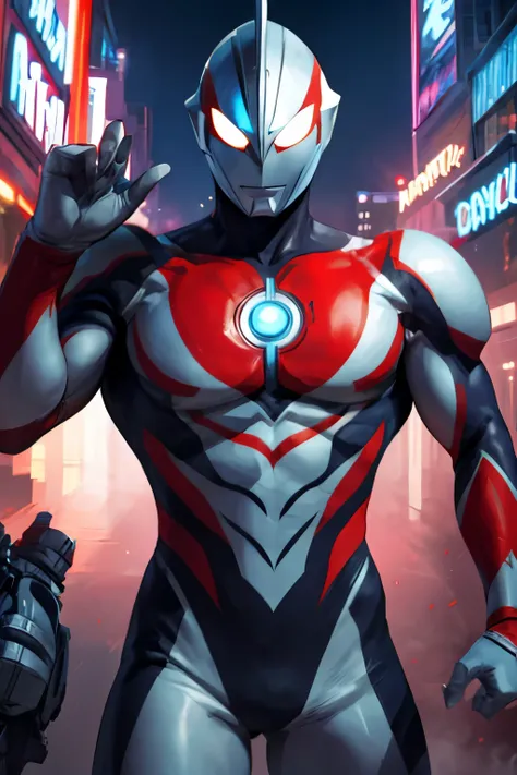 Ultraman, futuristic Ultraman warrior, sleek cybernetic armor design, crystalline core in chest, metallic silver, red and neon blue color scheme, a pattern (red, blue and black) on the suit, dynamic pose, muscular humanoid form (Slim athletic build), glowi...