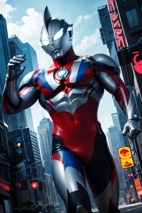 Ultraman, futuristic Ultraman warrior, sleek cybernetic armor design, crystalline core in chest, metallic silver, red and neon blue color scheme, a pattern (red, blue and black) on the suit, dynamic pose, muscular humanoid form (Slim athletic build), glowi...