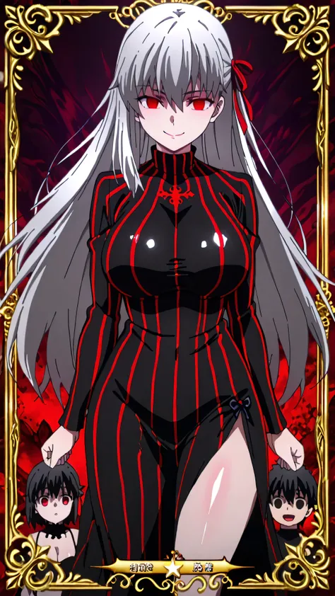 1girl, solo, ,evil darkness , Dark Persona  , Corruption, striped dress, black dress, turtleneck, gray hair, Red Eyes, , ,ufotable style, YouTube Anime.big breasts、big butt、straight long hair,high resolution, masterpiece, Necessary, detail, best Quality, Q...