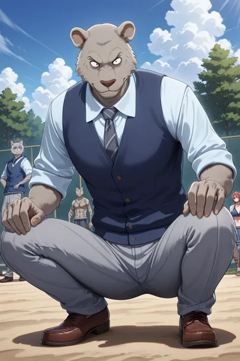 absurd result, best quality, alta calidad, detailed,  , wide shoulders, Mature man, small black eyes, Iris gray, athletic build, musculvery hombre,   round ears  , very, polished, Grey body, gray school pants with stripes ,Blue vest, long sleeve white shir...