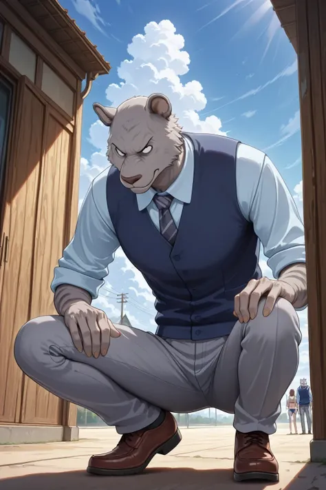 absurd result, best quality, alta calidad, detailed,  , wide shoulders, Mature man, small black eyes, Iris gray, athletic build, musculvery hombre,   round ears  , very, polished, Grey body, gray school pants with stripes ,Blue vest, long sleeve white shir...