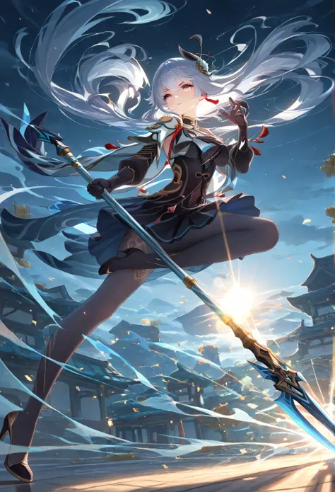 1 girl, Shen He\( Genshin\),skirt,skirt,Lace, Dynamic fighting, outdoor, Highly detailed, High Contrast, ray tracing, best lighting , cinematic composition, Pretty faces , best quality, Very beautiful, ultra-high resolution, detailed background, comics, ...