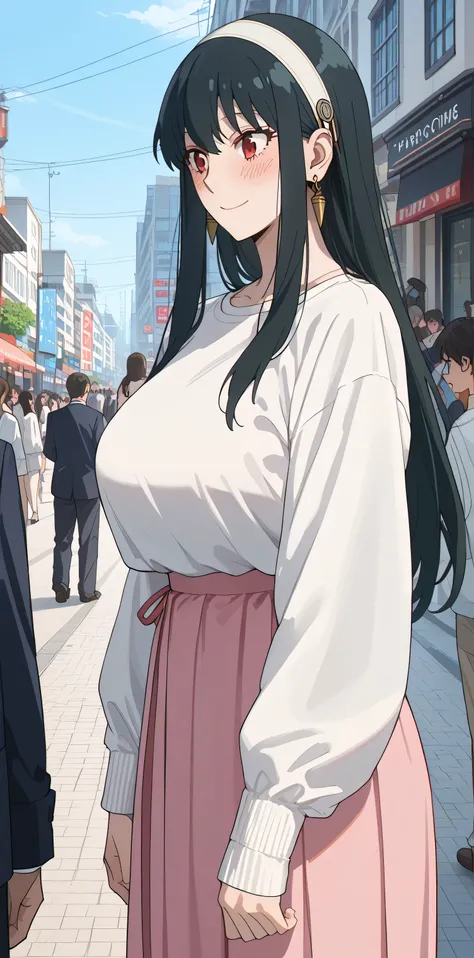 tall girl , for girls, yor briar, black hair, red eyes, earrings, white hairband, hairband, long hair, sidelocks, Fraction_9, Fraction_8_up, Fraction_7_up, source_Japanese cartoon, masterpiece,The best quality, huge breasts, gorgeous restoration, Black Tub...
