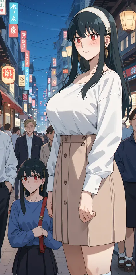 tall girl , for girls, yor briar, black hair, red eyes, earrings, white hairband, hairband, long hair, sidelocks, Fraction_9, Fraction_8_up, Fraction_7_up, source_Japanese cartoon, masterpiece,The best quality, huge breasts, gorgeous restoration, Black Tub...