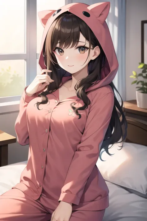 brown hair，Woman with wavy hair，Can you draw a woman in animal pajamas with a hood,I'm sitting on my bed in my room,Please draw a more delicate expression,Hands and feet of a woman with a cute smile、The expression of an attractive 20-year-old woman，Ado...