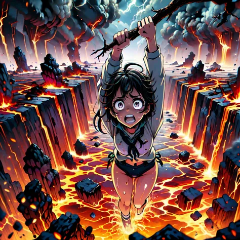 masterpiece,best quality,highly detailed,1girl,solo,scared,raised eyebrows,constricted pupils,surprised,clenched teeth,sweat,sweatdrop,purple eyes,black hair,long hair,lycoris uniform,green ribbon,long sleeves,black gymnastics bloomers,high leg,self wedgie...