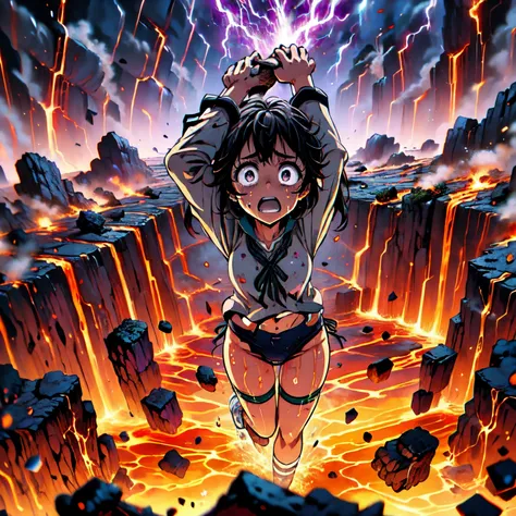 masterpiece,best quality,highly detailed,1girl,solo,scared,raised eyebrows,constricted pupils,surprised,clenched teeth,sweat,sweatdrop,purple eyes,black hair,long hair,lycoris uniform,green ribbon,long sleeves,black gymnastics bloomers,high leg,self wedgie...