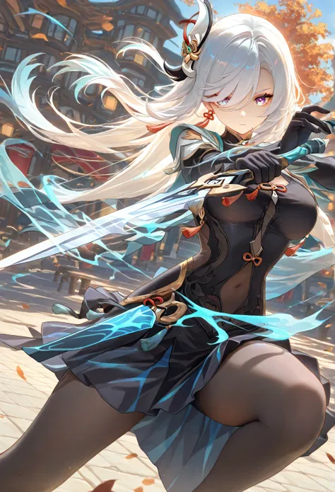 1 girl, Shen He\( Genshin\),skirt,skirt,Lace, Dynamic fighting, outdoor, Highly detailed, High Contrast, ray tracing, best lighting , cinematic composition, Pretty faces , best quality, Very beautiful, Ultra High Resolution, detailed background, comics, ...