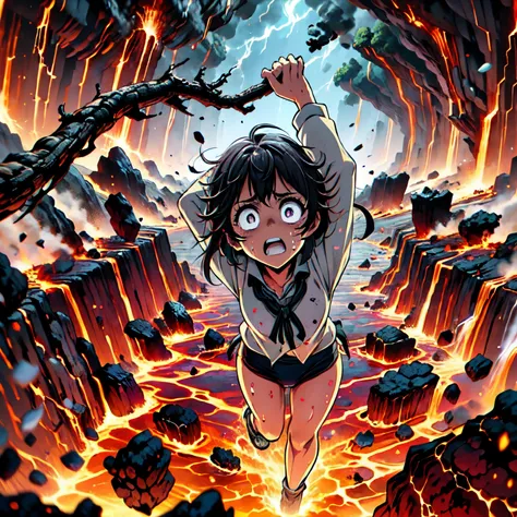 masterpiece,best quality,highly detailed,1girl,solo,scared,raised eyebrows,constricted pupils,surprised,clenched teeth,sweat,sweatdrop,purple eyes,black hair,long hair,lycoris uniform,green ribbon,long sleeves,black gymnastics bloomers,high leg,self wedgie...