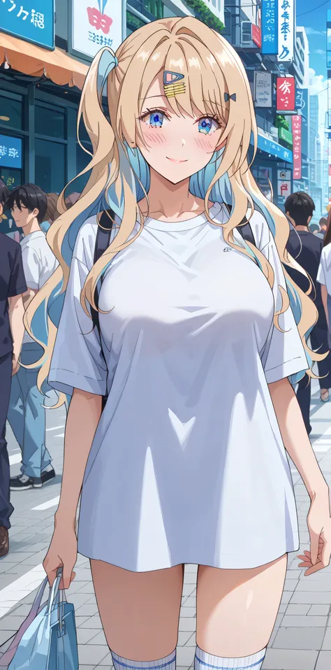 , for girls, luna shirakawa, long hair, blue eyes, blonde hair, hair ornament, bow, multicolored hair, hairclip, Fraction_9, Fraction_8_up, Fraction_7_up, source_Japanese cartoon, masterpiece,The best quality, huge breasts, gorgeous restoration, Black Tubu...