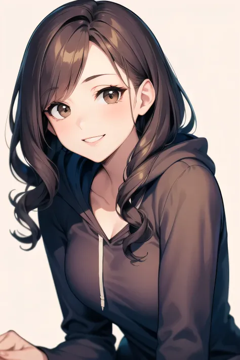 can you draw a very relaxed smiling woman，brown hair，Woman with wavy hair，can you draw a woman in hooded animal pajamas,I'IはIの部屋のベッドに座っています,Please draw a more delicate expression,cute smiling woman's hands and feet、The expression of an attractive 20-ye...