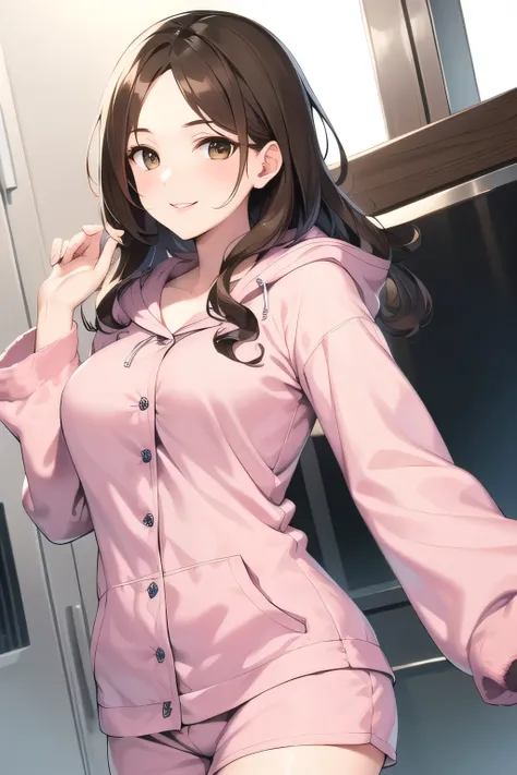 can you draw a very relaxed smiling woman，brown hair，Woman with wavy hair，can you draw a woman in hooded animal pajamas,I'IはIの部屋のベッドに座っています,Please draw a more delicate expression,cute smiling woman's hands and feet、The expression of an attractive 20-ye...