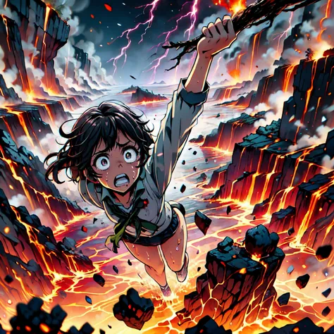 masterpiece,best quality,highly detailed,1girl,solo,scared,raised eyebrows,constricted pupils,surprised,clenched teeth,sweat,sweatdrop,purple eyes,black hair,long hair,lycoris uniform,green ribbon,long sleeves,black gymnastics bloomers,high leg,self wedgie...