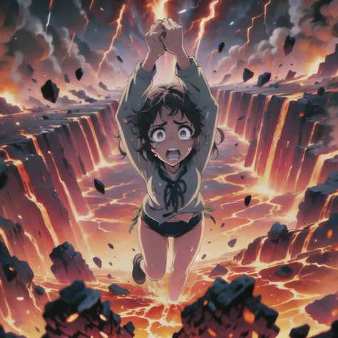 masterpiece,best quality,highly detailed,1girl,solo,scared,raised eyebrows,constricted pupils,surprised,clenched teeth,sweat,sweatdrop,purple eyes,black hair,long hair,lycoris uniform,green ribbon,long sleeves,black gymnastics bloomers,high leg,self wedgie...