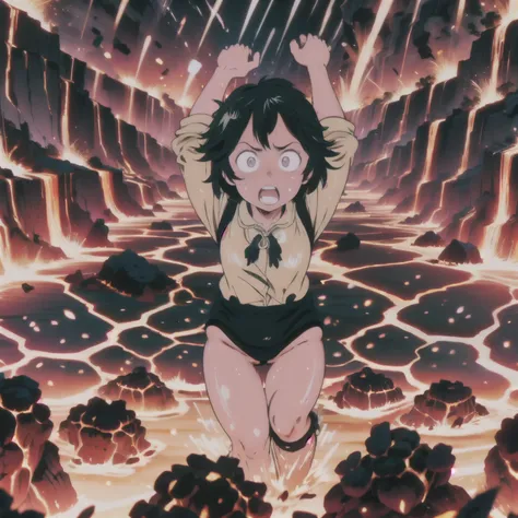 masterpiece,best quality,highly detailed,1girl,solo,scared,raised eyebrows,constricted pupils,surprised,clenched teeth,sweat,sweatdrop,purple eyes,black hair,long hair,lycoris uniform,green ribbon,long sleeves,black gymnastics bloomers,high leg,self wedgie...