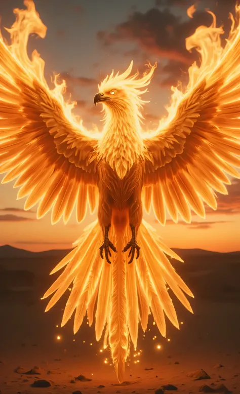 Digital art masterpiece. Hyper real. Ultra detailed. Cinematic film still. Dramatic.
Insanely detailed full-on confrontational straight-into-the-face close-up portrait of the head of a blazing phoenix mid-rebirth, wings of fire spread wide against a twilig...