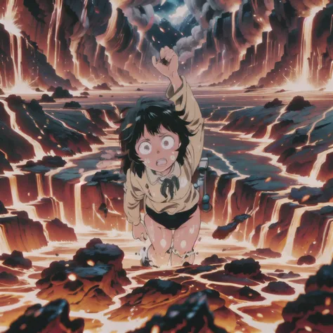 masterpiece,best quality,highly detailed,1girl,solo,scared,raised eyebrows,constricted pupils,surprised,clenched teeth,sweat,sweatdrop,purple eyes,black hair,long hair,lycoris uniform,green ribbon,long sleeves,black gymnastics bloomers,high leg,self wedgie...