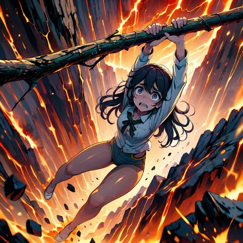 masterpiece,best quality,highly detailed,1girl,solo,scared,raised eyebrows,constricted pupils,surprised,clenched teeth,sweat,sweatdrop,purple eyes,black hair,long hair,lycoris uniform,green ribbon,long sleeves,black gymnastics bloomers,high leg,self wedgie...