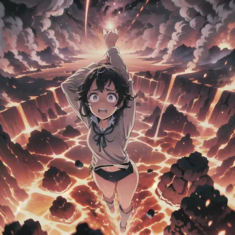 masterpiece,best quality,highly detailed,1girl,solo,scared,raised eyebrows,constricted pupils,surprised,clenched teeth,sweat,sweatdrop,purple eyes,black hair,long hair,lycoris uniform,green ribbon,long sleeves,black gymnastics bloomers,high leg,self wedgie...