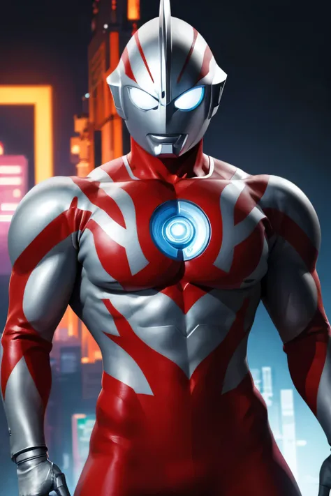 Ultraman, futuristic Ultraman warrior, sleek cybernetic armor design, crystalline core in chest, metallic silver, red and neon blue color scheme, a pattern (red, blue and black) on the suit, dynamic wrestling pose, muscular humanoid form (Slim athletic bui...