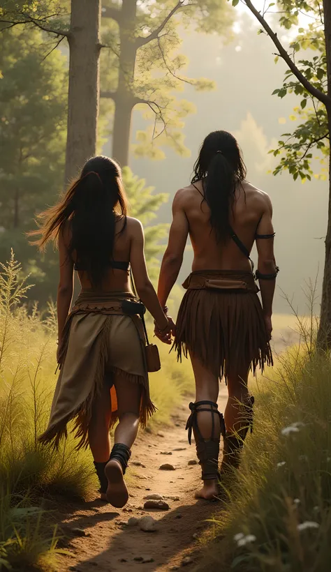 Safe Image Work, 

(Realistic ultra intricately natural landscape),during jurrasic era,a primitive tribe husband and wife walking together, they are wearing primitive leather clothing, spring forest on the scenery,,(perfectly shapelfull fit body|cinematic ...