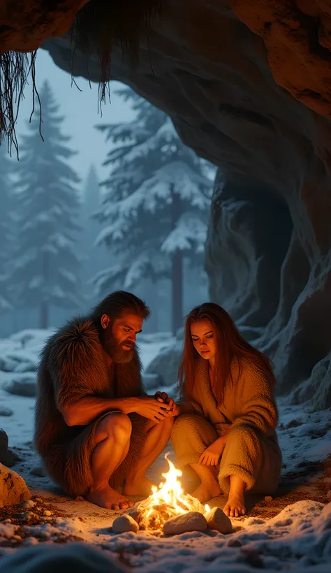 Safe Image Work, 

(Realistic ultra intricately natural landscape),during primitive era,a primitive Neanderthals tribe husband and wife gingers sitting together, they are wearing simple primitive fur clothing, cold winter on the scenery,,(perfectly shapelf...