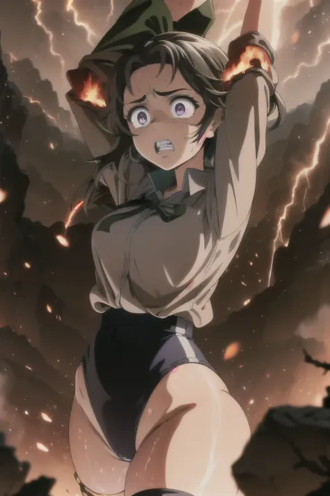 masterpiece,best quality,highly detailed,1girl,solo,scared,raised eyebrows,constricted pupils,surprised,clenched teeth,sweat,sweatdrop,purple eyes,black hair,long hair,lycoris uniform,green ribbon,long sleeves,black gymnastics bloomers,high leg,self wedgie...