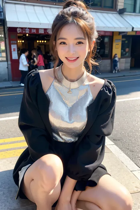 ((Highest Quality)), ((masterpiece)), (detail), 1girl, Street Corner、station where many people are watching、smiling、Luxurious Outfit、Many people are watching