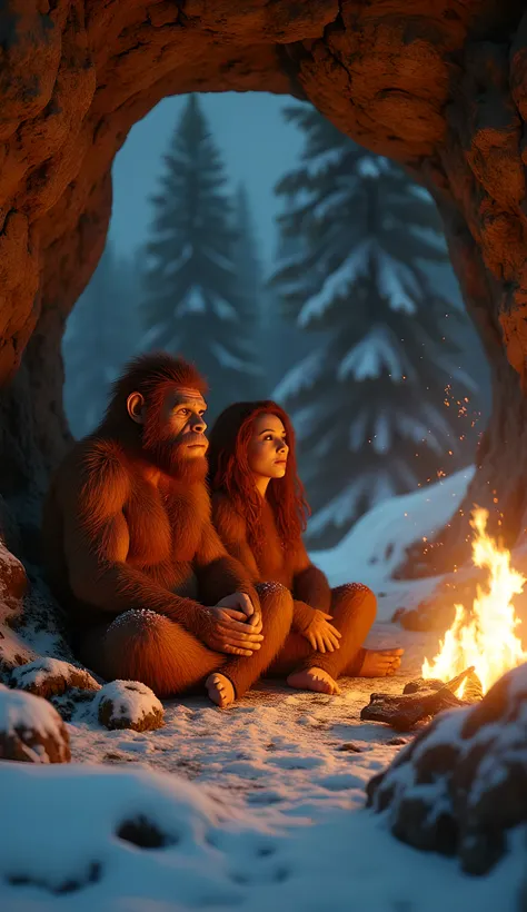 Safe Image Work, 

(Realistic ultra intricately natural landscape),during primitive era,the primitive humanely Neanderthals, the husband and wife hairy gingers sitting together, they are wearing simple primitive fur clothing, cold winter on the scenery,,(p...