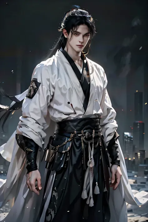 cityscape view, 25 year old Naruto is a true masterpiece with masculine beauty, photorealistic, perfect face, perfect anatomy. charming attractive eyes, Perfect lines, 8K quality, wearing white shirt and white robe, white pants, black long hair, cinematic ...
