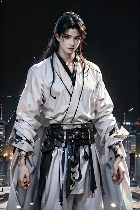 cityscape view, 25 year old Naruto is a true masterpiece with masculine beauty, photorealistic, perfect clear face, perfect eyes, perfect anatomy. charming attractive eyes, Perfect lines, 8K quality, wearing white shirt and white robe, white pants, black l...