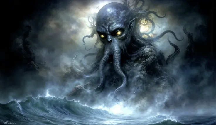 Eldritch horror digital painting. Cthulhu emerging from the depths with glowing green eyes. It's massive tentacled face partially obscured by swirling mist, dark ocean waves crashing around it's colossal form, eerie bioluminescent glow, low-angle cinematic...