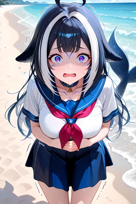 Solo, shylily, general, masterpiece, highres, ultra-detailed, hyper-detailed, best quality,  amazing quality, very aesthetic, best hands, best eyes, best hand, school uniform, serafuku, blue sailor collar, shirt, white shirt, short sleeves, skirt, blue ski...