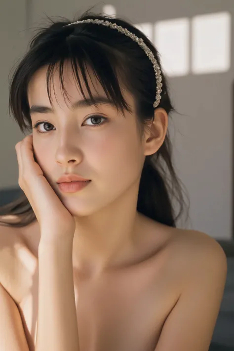 nude写真、smile, ( Highest Quality:1.5),(((topless、nude、Nipples、pussy))) ( Capture skin texture and pores :1.7), Sharp focus on the upper body、Creates natural shadows on cheeks and forehead, ( high definition :1.4), fine details of pores and skin are realist...