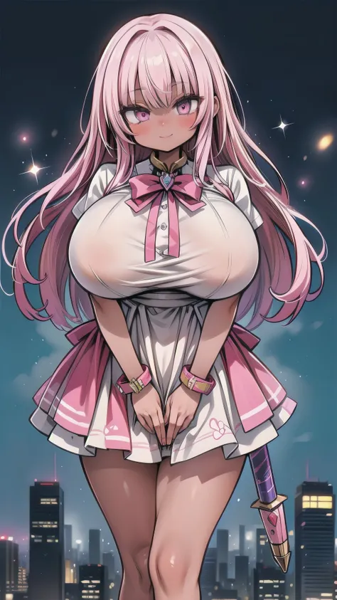 ((Highest Quality)), ((masterpiece)),  (huge sagging breasts:1.38),thick legs,Patterned clothing.Magical Girl,pink hair.(dark skin:1.25). magic wand. cowboy shot. in the city,