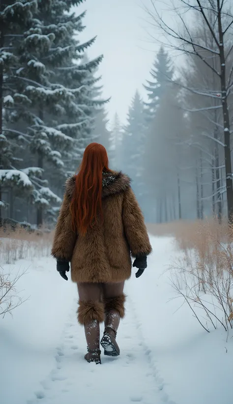 Safe Image Work, 

(Realistic ultra intricately natural landscape),during primitive era,the primitive humanely Neanderthals, the female gingers busty walking, she is wearing simple primitive fur coat, cold winter on the scenery,,(perfectly shapelfull bulky...