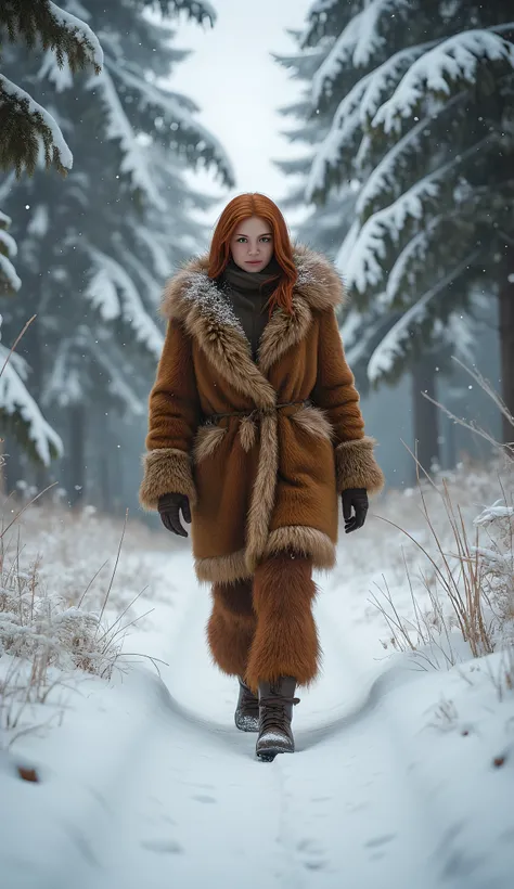 Safe Image Work, 

(Realistic ultra intricately natural landscape),during primitive era,the primitive humanely Neanderthals, the female gingers busty walking, she is wearing simple primitive fur coat, cold winter on the scenery,,(perfectly shapelfull bulky...