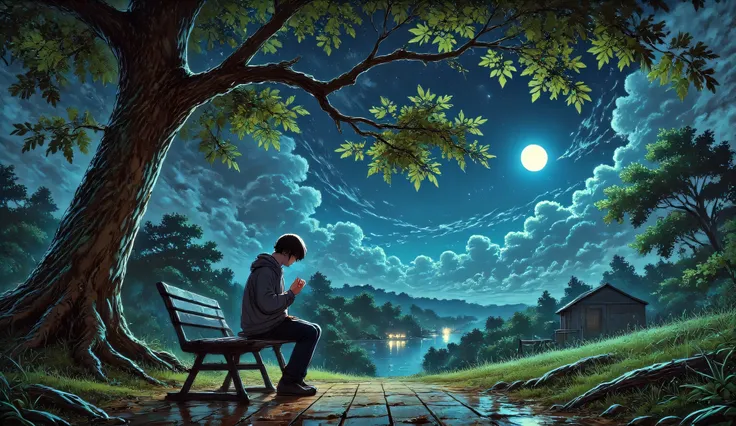 A solitary figure sits on a weathered wooden bench beneath an oak tree, head bowed in deep prayer, illuminated by gentle moonlight filtering through branches, dark blue night sky, atmosphere of quiet contemplation, cinematic composition, moody photography,...