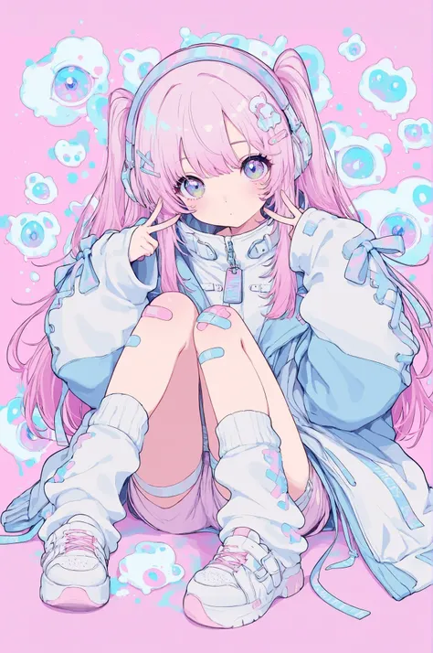 cyberstyle,1girl,solo,oversized jacket,white jacket,blue jacket,shorts,leg warmers,shoes,band-aid on the knee,Near Future Design Fashion
cute,kawaii,sitting,double peace,
BREAK hypercute style,perfect composition,eye reflection,gradient eyes,masterpiece,be...