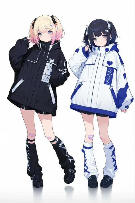 cyberstyle,2girls,side-by-side,oversized jacket,white jacket,blue jacket,shorts,leg warmers,shoes,band-aid on knee,Near Future Design Fashion
cute,kawaii,standing,
BREAK hypercute style,perfect composition,eye reflection,gradient eyes,masterpiece,best qual...