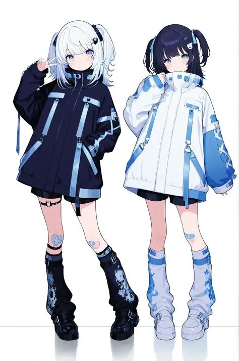 cyberstyle,2girls,side-by-side,oversized jacket,white jacket,blue jacket,shorts,leg warmers,shoes,band-aid on knee,Near Future Design Fashion
cute,kawaii,standing,
BREAK hypercute style,perfect composition,eye reflection,gradient eyes,masterpiece,best qual...