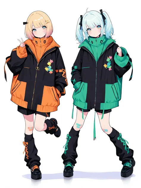 cyberstyle,2girls,side-by-side,oversized jacket,orange jacket,green jacket,shorts,leg warmers,shoes,band-aid on knee,Near Future Design Fashion
cute,kawaii,standing,
BREAK hypercute style,perfect composition,eye reflection,gradient eyes,masterpiece,best qu...