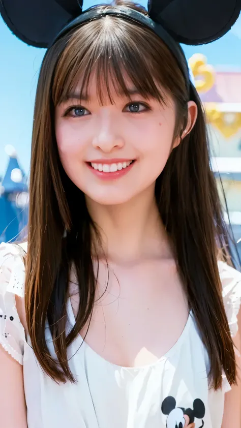 girls,  ((Disneyland)), ((Cinderella Castle in the background)),upper body, (((Mickey Mouse big ear headband))),(Smile Yan)、masterpiece, Highest Quality, Highest Quality, Movie Lighting, ( stereo lighting ), very detailed CG unity 8kの壁紙, very detailed, ove...