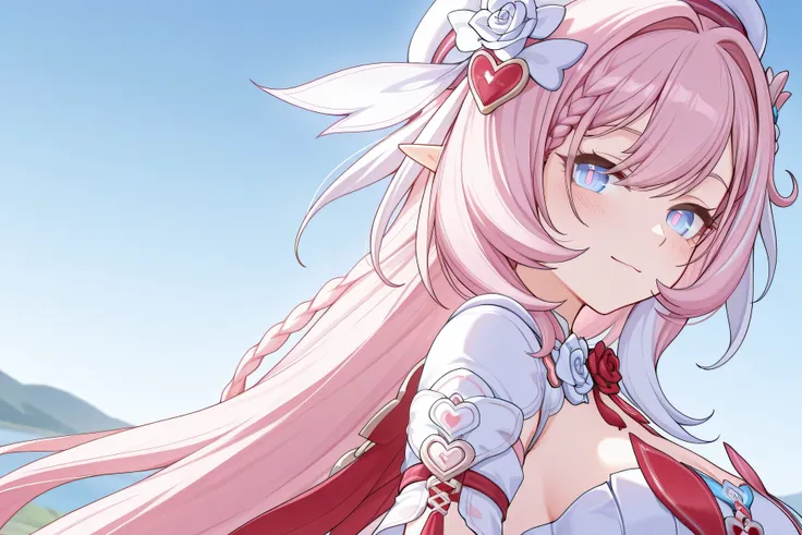 masterpiece , best quality , ultra-detailed , very aesthetic , vibrant , perfect face , 2d , perfect eyes , detailed eyes , 1girl , solo ,standing , looking at viewer ,small smile , blush, elysia (honkai impact) , long hair, Pink Hair, braid , streaked hai...