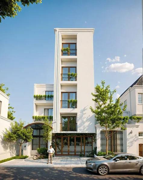 The image depicts a neoclassical two-story house with a white facade and tiled roof. Key features include:

- **Structure and Design:** Rectangular shape, elegant neoclassical details like decorative moldings and a small balcony.
- **Roof:** Dark-colored t...