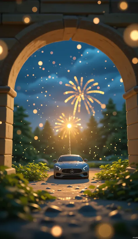 Scenery Seen Through a Window,Windowside with fireworks visible、high quality realistic 3d rendering,precise texture,Sparkling night view,Deep Colors,sophisticated composition,Charming Atmosphere,fine detail,Exquisite Bokeh ,Masterpiece,car,Lots of firework...